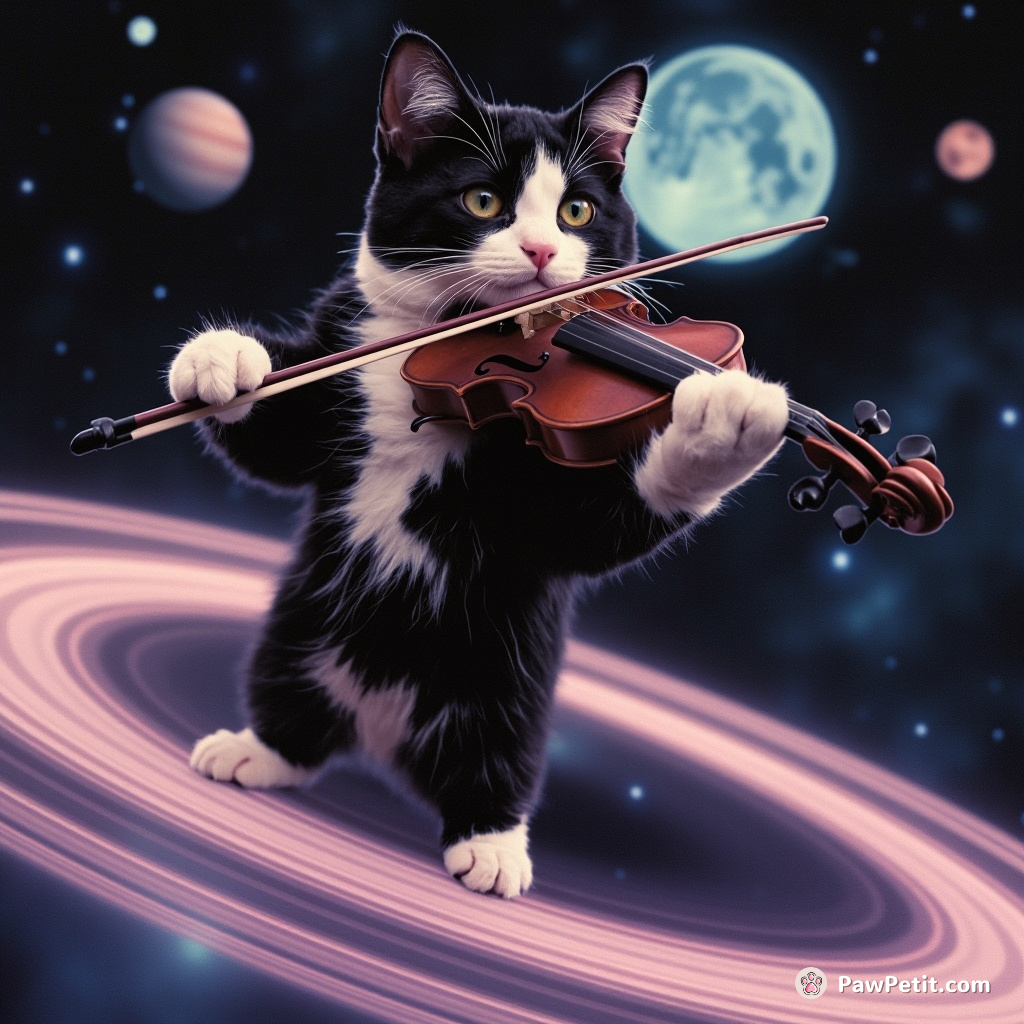 A tuxedo cat playing a cosmic violin, standing on the rings of Saturn.