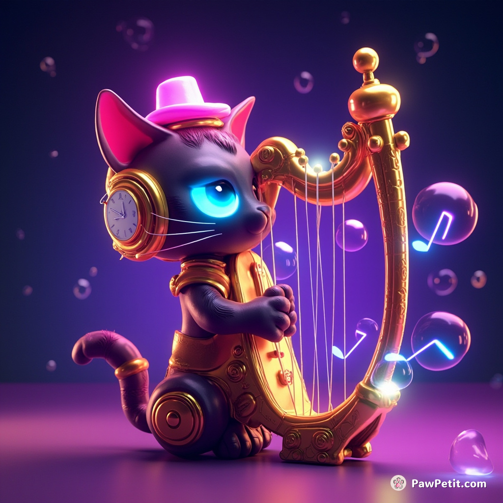 A neon-lit, clockwork cat playing a grand cosmic harp that turns the music notes into bubbles of time.