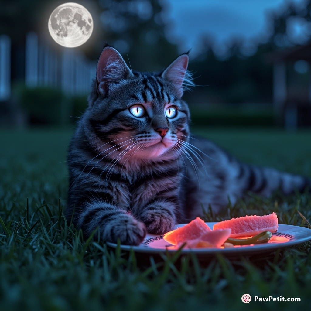 Eyes glowing moonlit silver, the gourmet feline savored her pristine tuna canapé atop nature's patio, a manicured lawn.