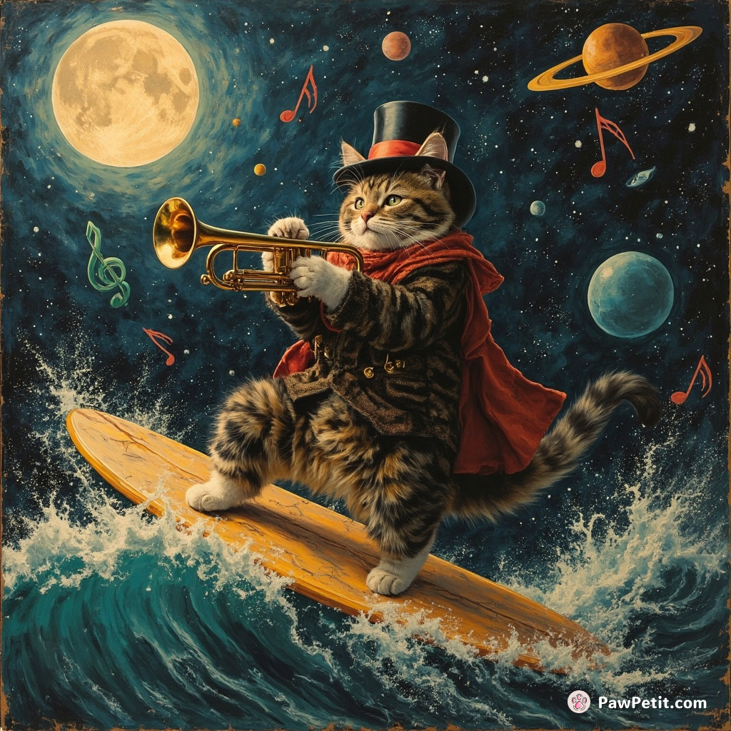 A trumpet-playing, top hat-wearing cat surfing on a full moon in the middle of an intergalactic jazz concert.