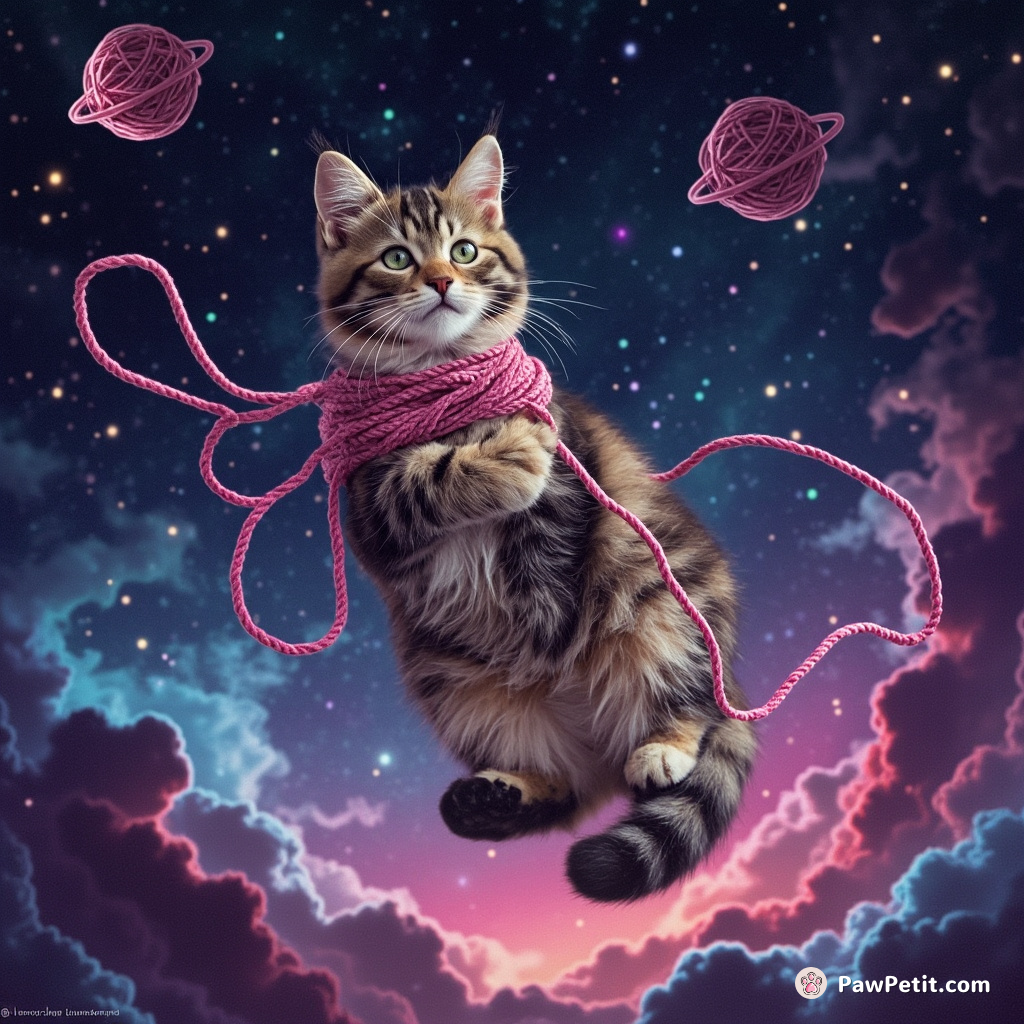 Cat levitating over a swirling galaxy, knitting cosmic yarn into Star Constellations.