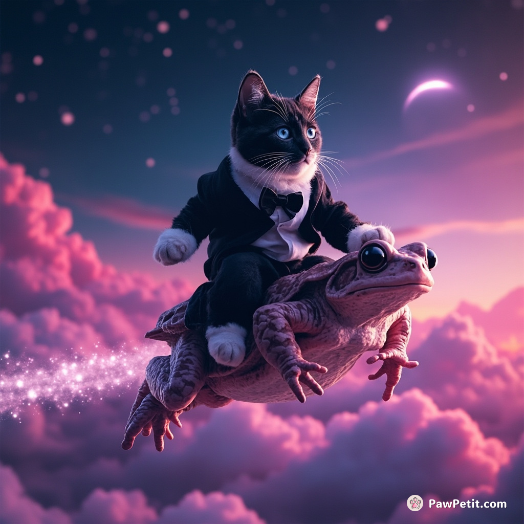 A tuxedo cat riding a flying toad through neon mountains, leaves a trail of bubbling stars.