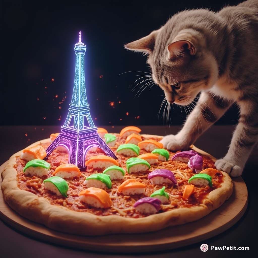 Cat reconstructing a mini replica of the Eiffish Tower using fluorescent sushi rolls atop a spinning galaxy pizza.