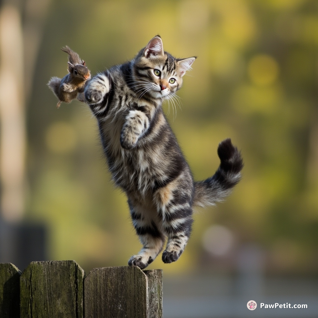 A daring tabby scales a fence, only to spot a squirrel and perform an abrupt, comedic backflip mid-air.