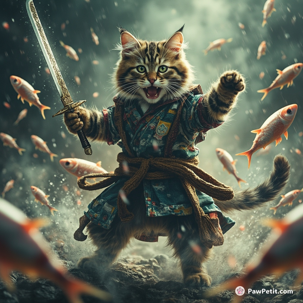 Furious bipedal cat raising the ancient Sword of Meow in a rainstorm of fish, thundering out multiple colors.