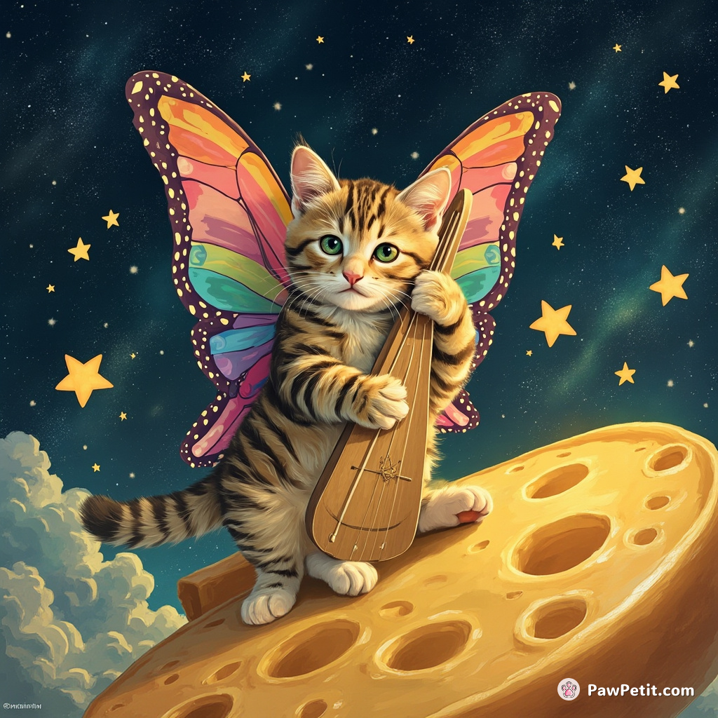 A rainbow-striped cat with large butterfly wings standing on the edge of a giant floating cheese wheel in outer space, attempting to play a harp made of shooting stars.
