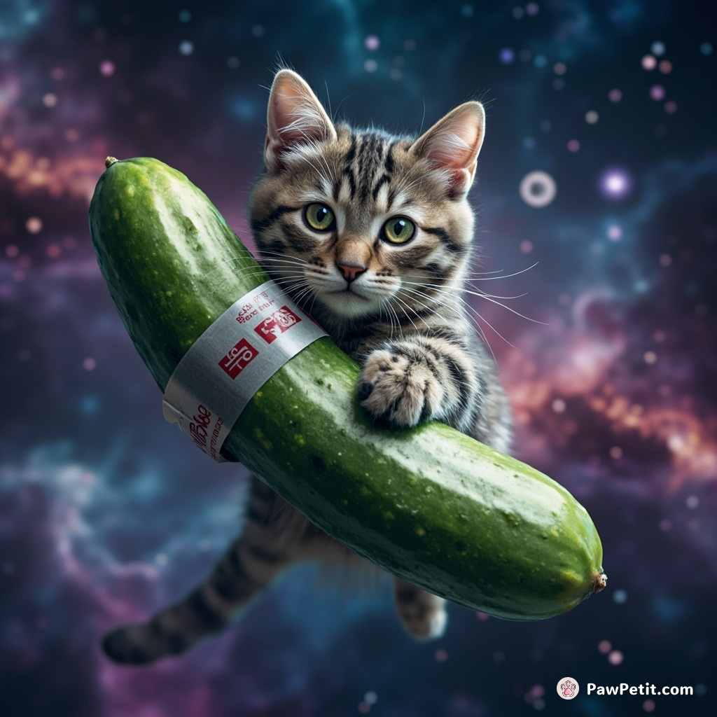 Space astronocat fixing a milk galaxy with duct tape and a cucumber