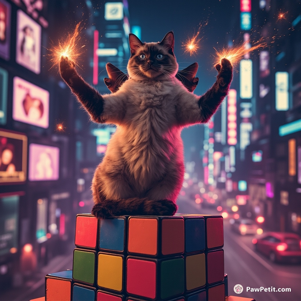 A three-headed Siamese cat juggling fiery meteorites atop a shifting Rubik's cube in a neon-lit cityscape.
