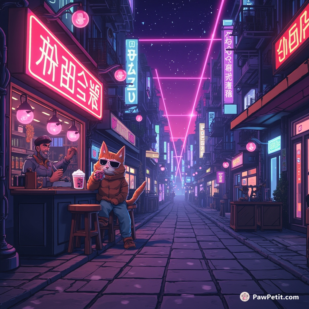 Cat serving bubble tea in a neon-lit cyberpunk street, sky raining lasers.