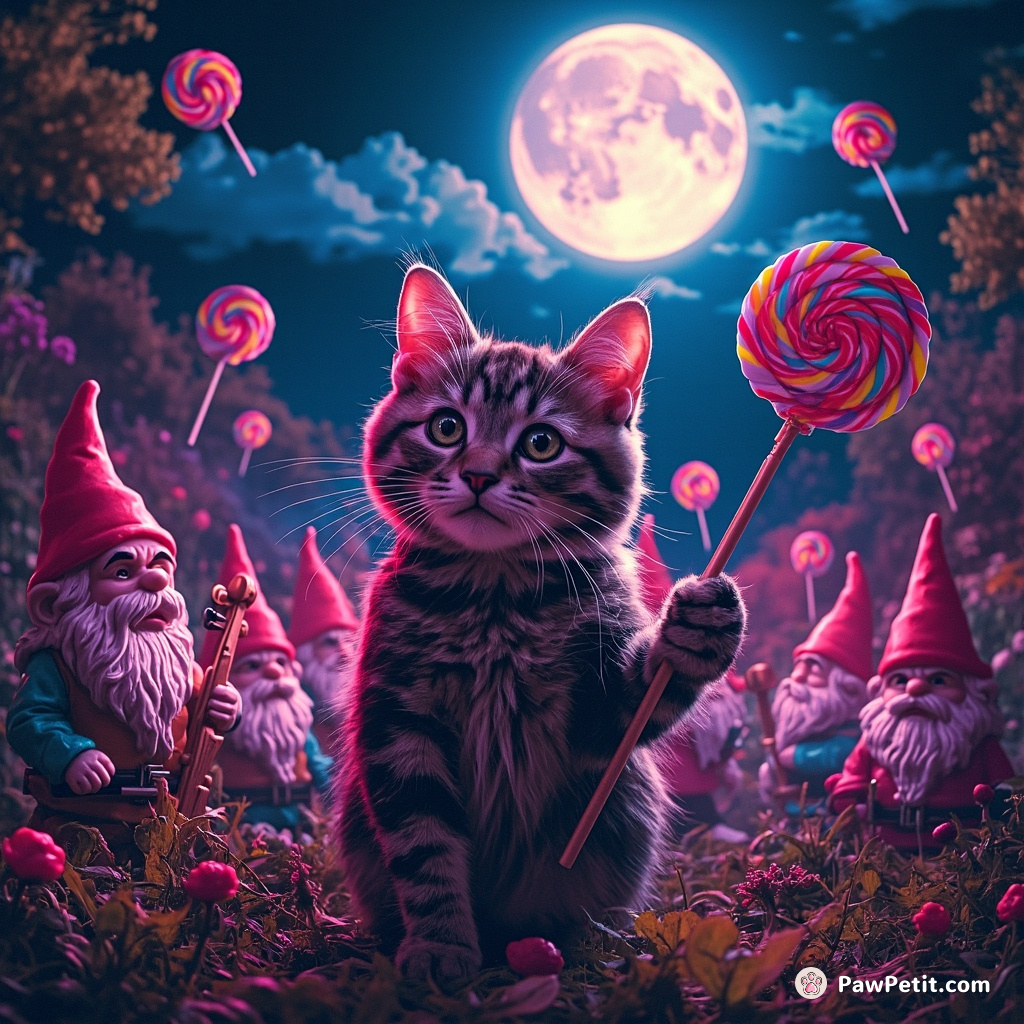Cat conducting an orchestra of garden gnomes under a lollipop moon.