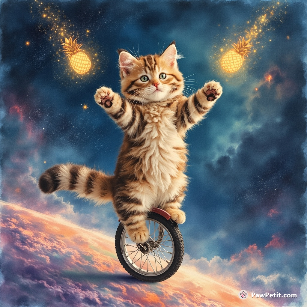 A six-tailed cat juggling glowing pineapple-shaped meteors on a unicycle at the edge of an iridescent nebula.