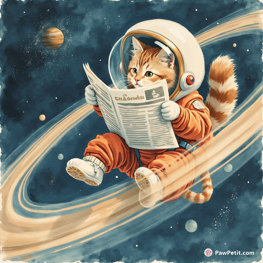 A cat reading an extraterrestrial newspaper while floating around the rings of Saturn in an astronaut suit.