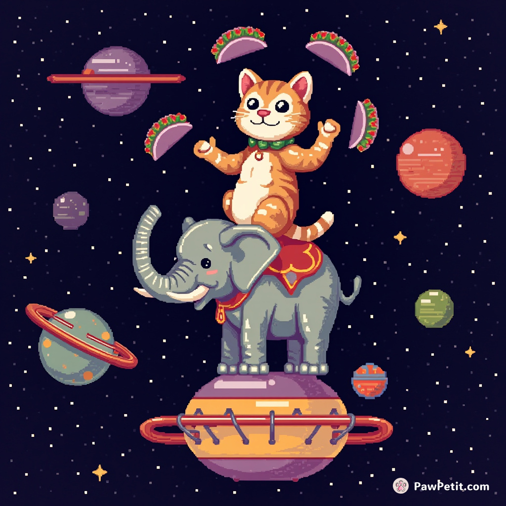 A cat juggling raining tacos while balancing atop a circus elephant's trunk on a pod floating in outer space.