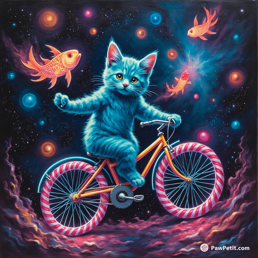 A neon-blue cat juggling glowing fish atop a candy-cane bicycle in the midst of an intense interstellar disco dance-off.