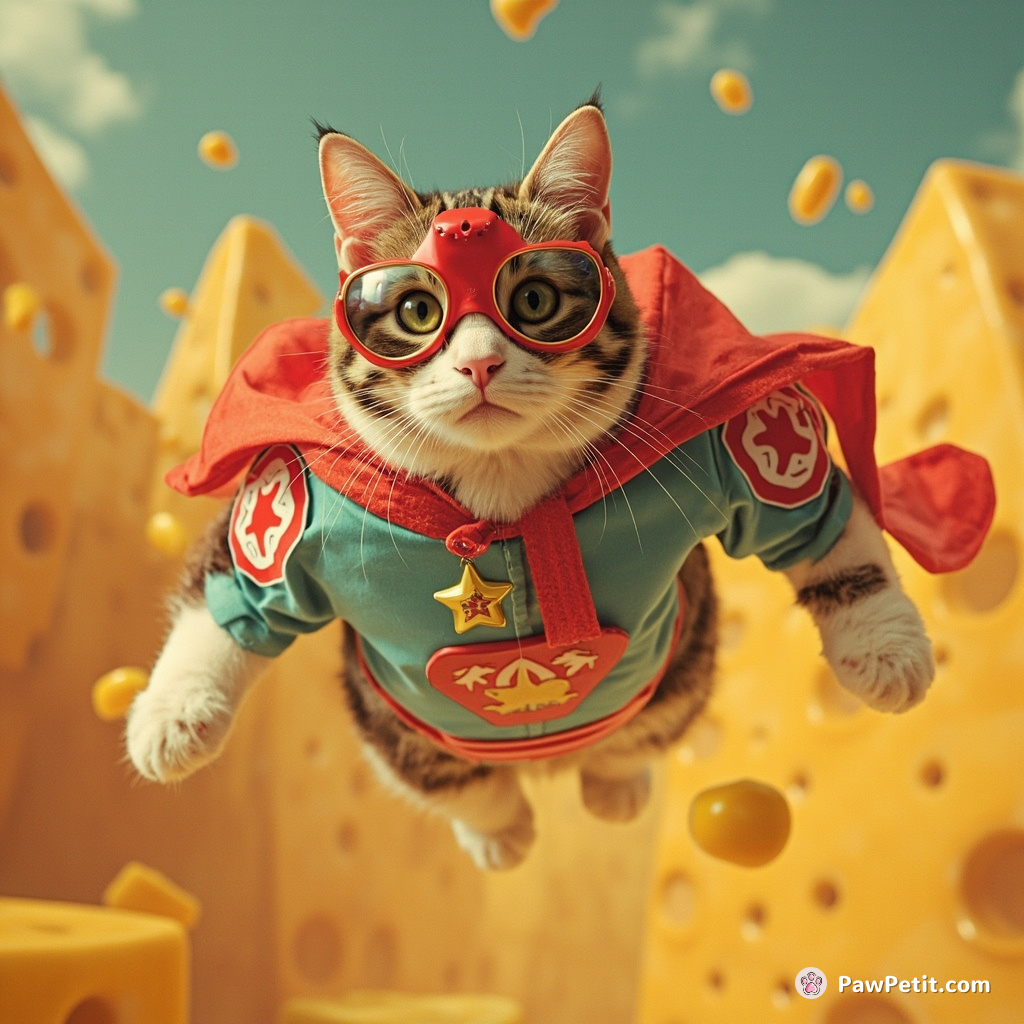 Cat dressing like a superhero, flying over a city made entirely of cheese.