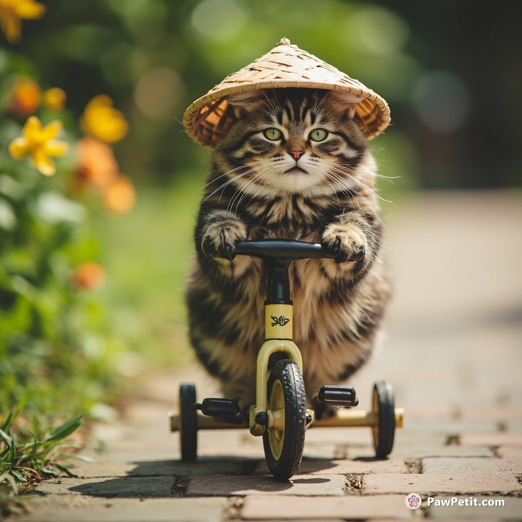 A cat, with a straw hat, joyfully pedals a tiny tricycle, wobbling down the garden path with sheer delight.