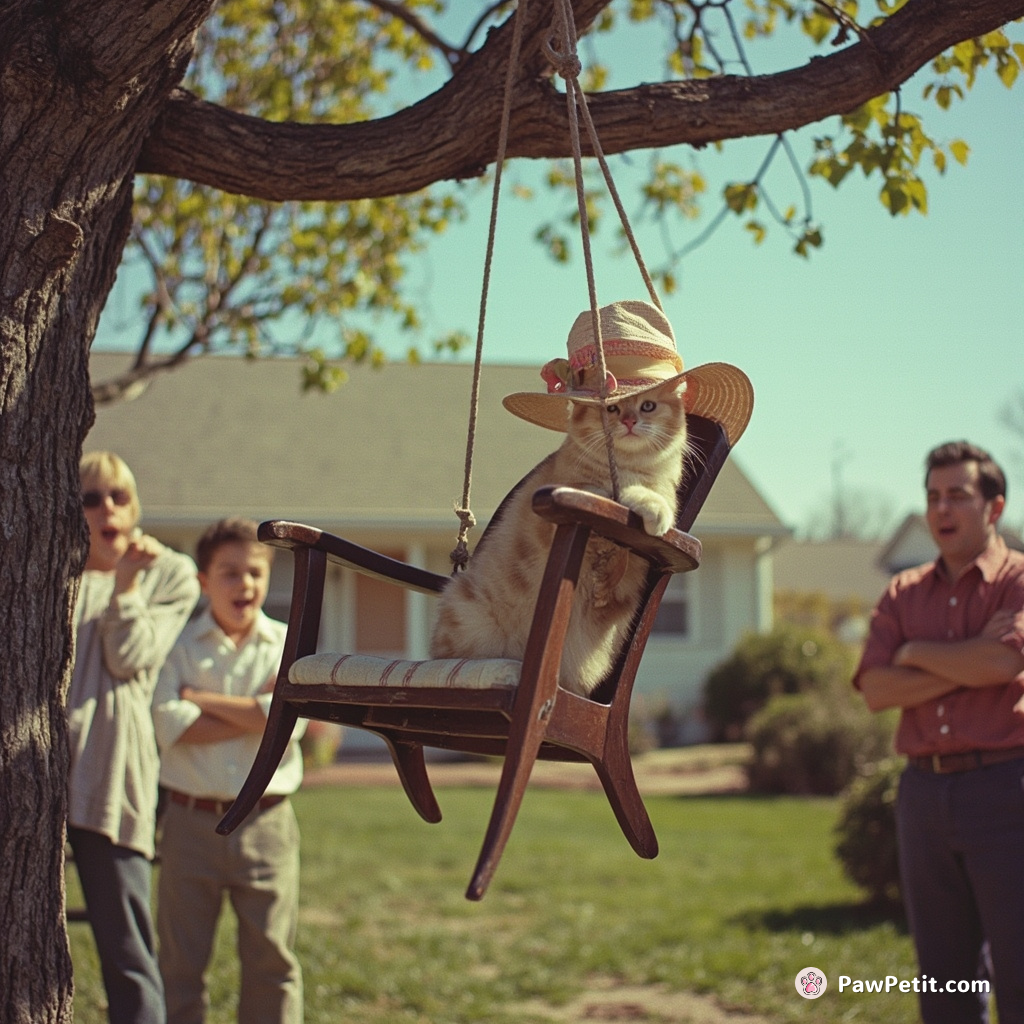 Cat swings from tree branch, lands in a lawn chair, now wears it as a hat, causing neighbors to gasp and giggle.