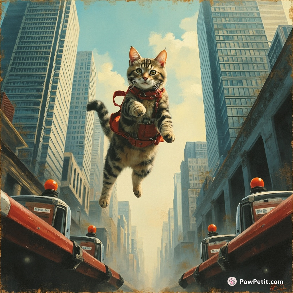 Amidst gleaming skyscrapers, a nimble cat lithely flits over hovercrafts, its graceful leap defying the dustless city's steel ambience.