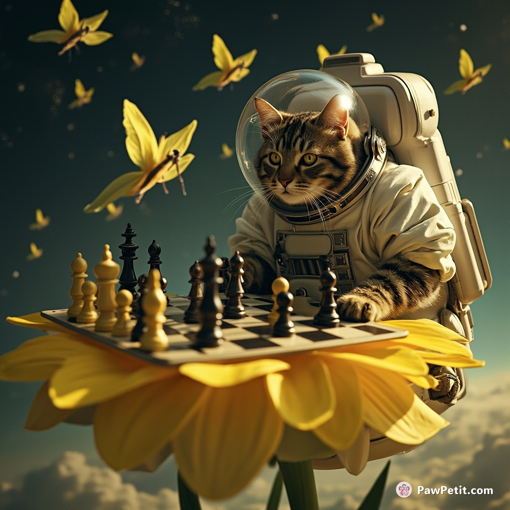 A tabby cat, dressed as a vintage astronaut, playing chess with human-sized alien butterflies atop a giant floating daffodil in space.