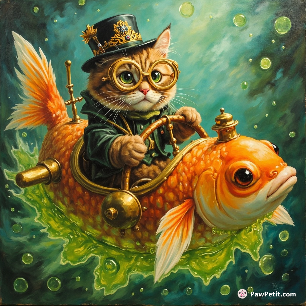 Steampunk cat captain at the helm of a flying goldfish submarine, surfacing from a sea of lime jelly.