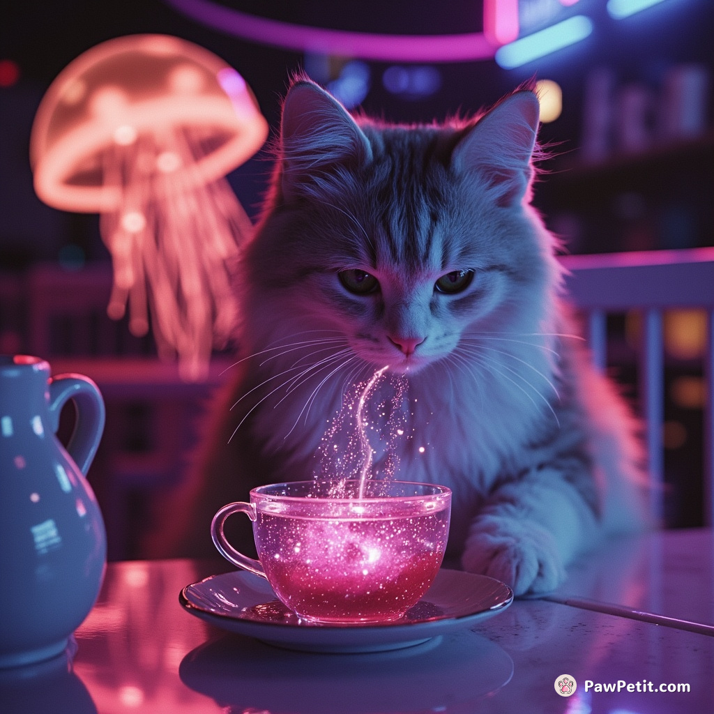 Cat sipping nebula nectar from a jellyfish teacup in an outer space café.