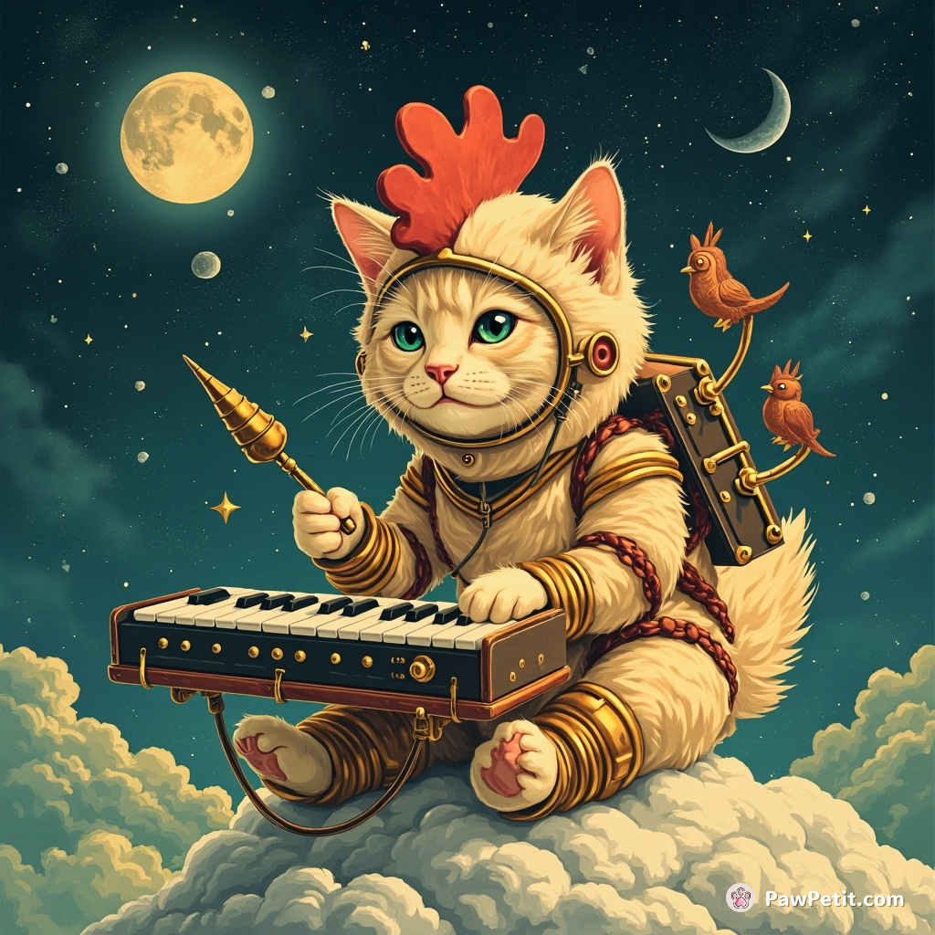 A cat playing a theremin on the moon while wearing a cyborg chicken suit.