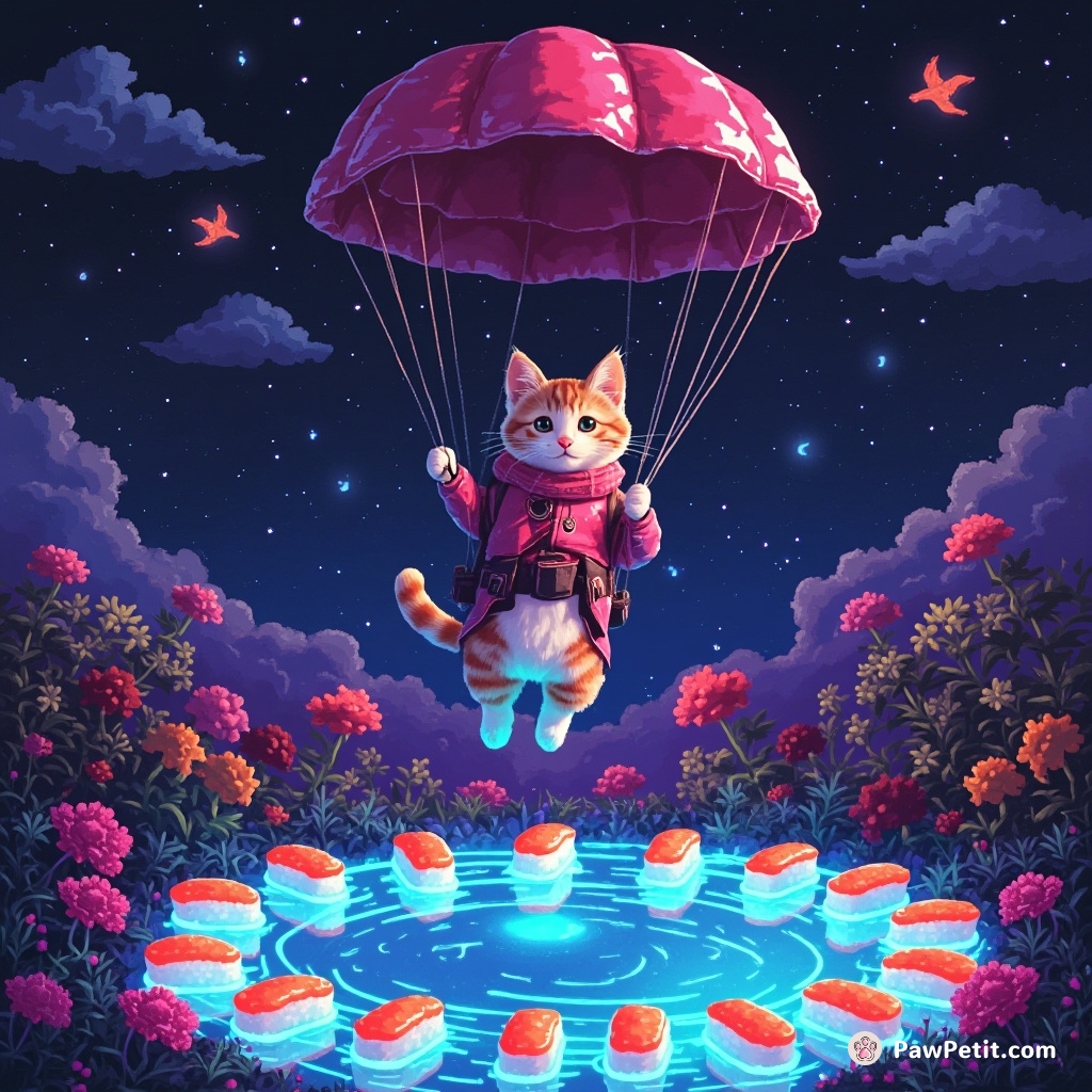Cat commando parachuting into a pool of bio-luminescent sushi.