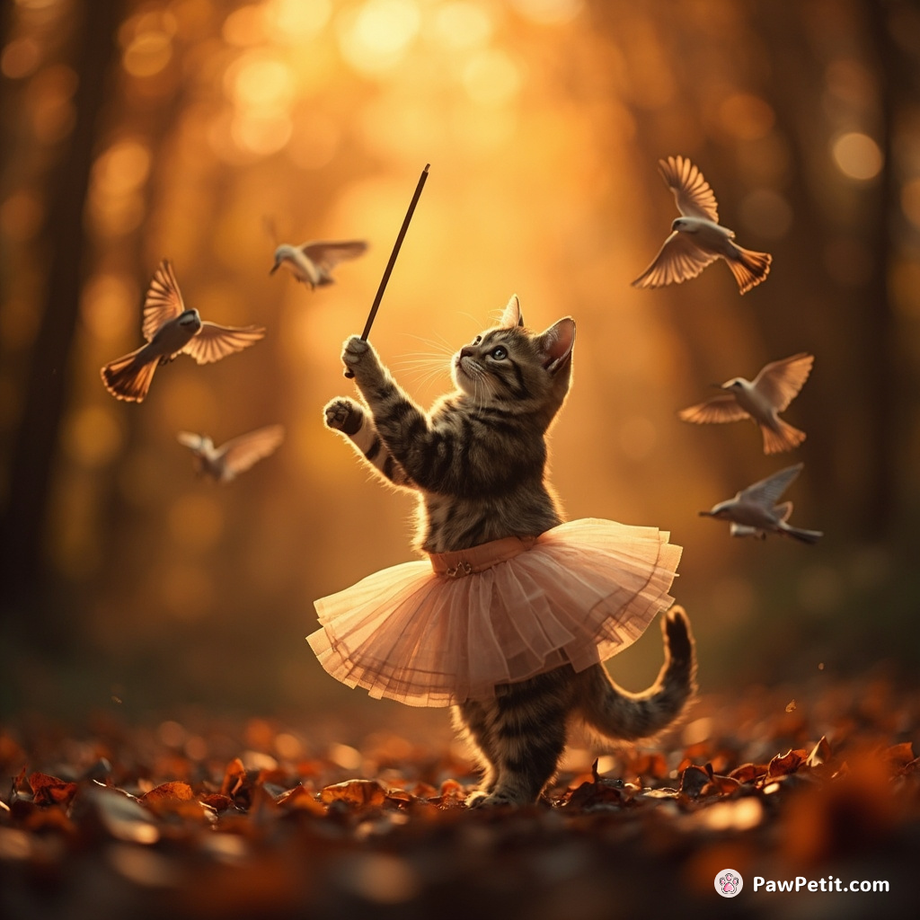 Cat conducting a symphony of birds with a ballet slipper baton in the tangerine twilight forest.