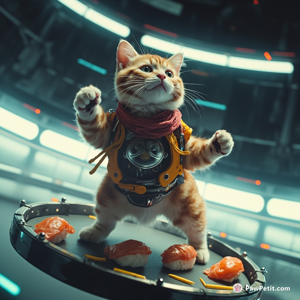 A cyborg cat with technicolor fur break-dancing on a floating sushi conveyor belt in zero-gravity space.