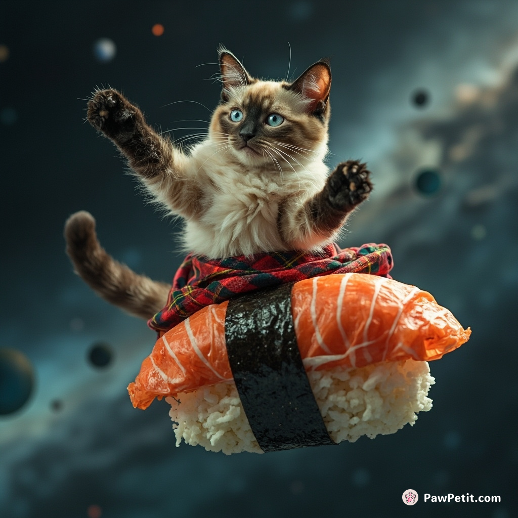 A Siamese cat performing a Scottish dance on an oversized sushi roll in outer space.