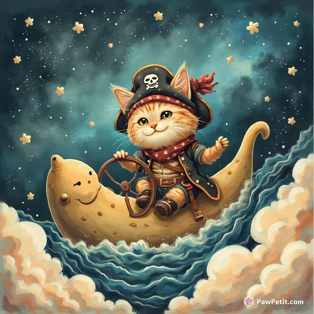 A grizzled cat captain steering a sea cucumber-shaped pirate ship through cosmic cream-filled nebula.