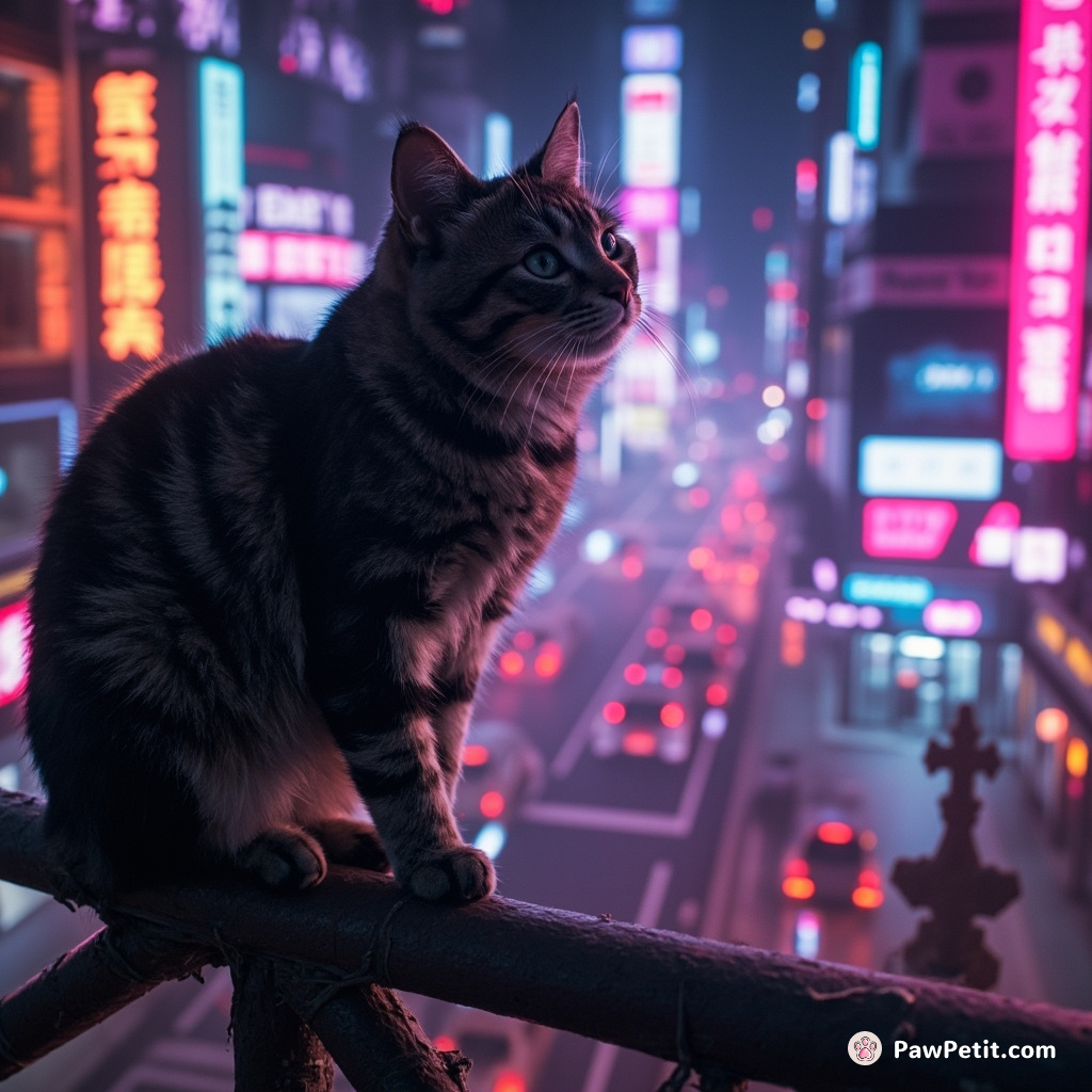 Cat perches on a wobbly fence, peering curiously at the bustling world below.