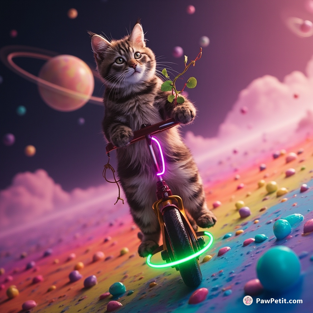 Cat riding a neon, vine overloaded unicycle on an asteroid suspended in rainbow soup.