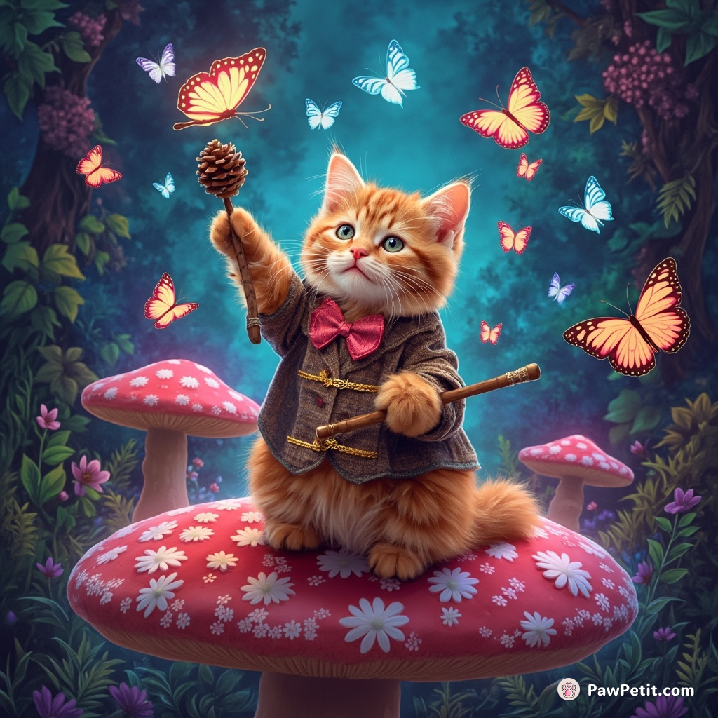 An orange tabby conducting an orchestra of butterflies with a pinecone baton on a daisy-topped toadstool podium in neon jungle.