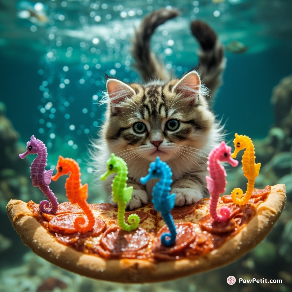 A cat playing underwater chess with rainbow-colored seahorses while surfing on a slice of three-layer pepperoni pizza.
