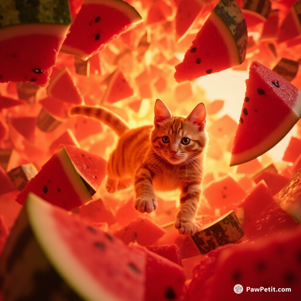 A fluorescent orange cat parkouring through a labyrinth made of watermelon slices in zero gravity.