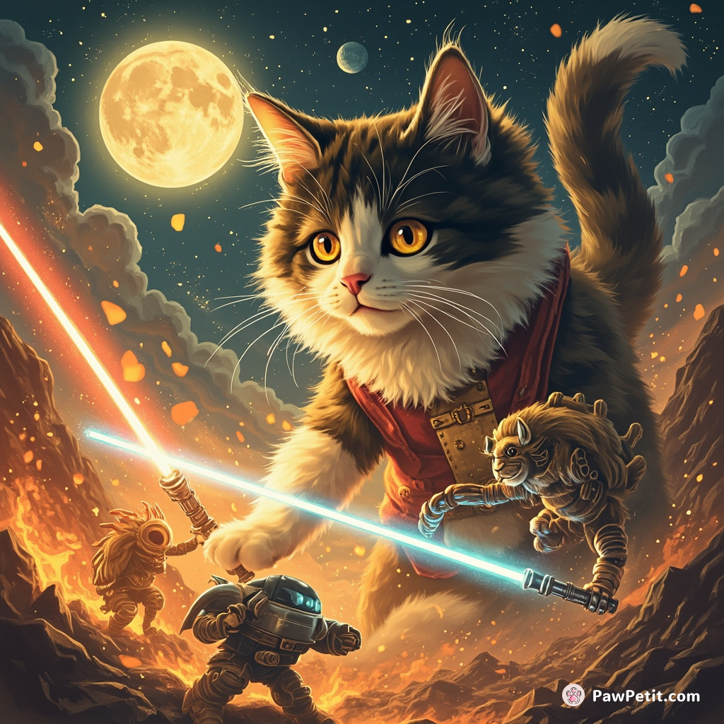 A giant calico cat engaged in a fiery lightsaber battle with robot tarsiers underneath a cheese moon.