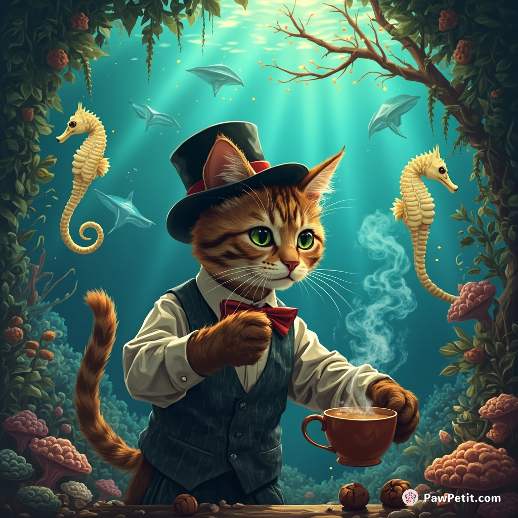 A feline barista brewing steaming mushroom coffee in an underwater cafe, surrounded by luminous seahorses and manta ray mollusks.