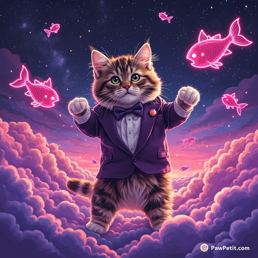 Cat performing a ballroom dance with dainty neon fish on a cosmic cloudscape.