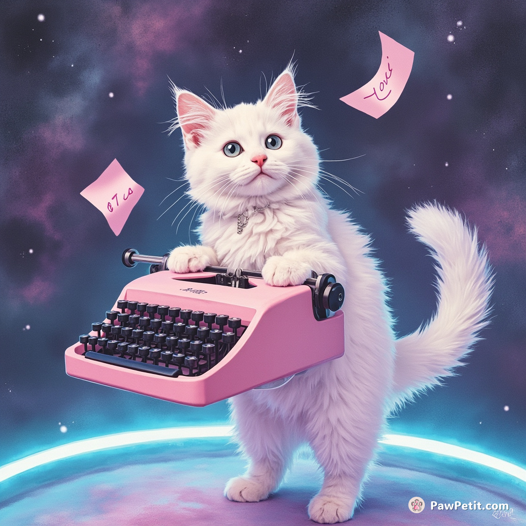 Pastel goth cat, standing on neon typewriter in zero gravity, typing love letters with its prehensile tail.
