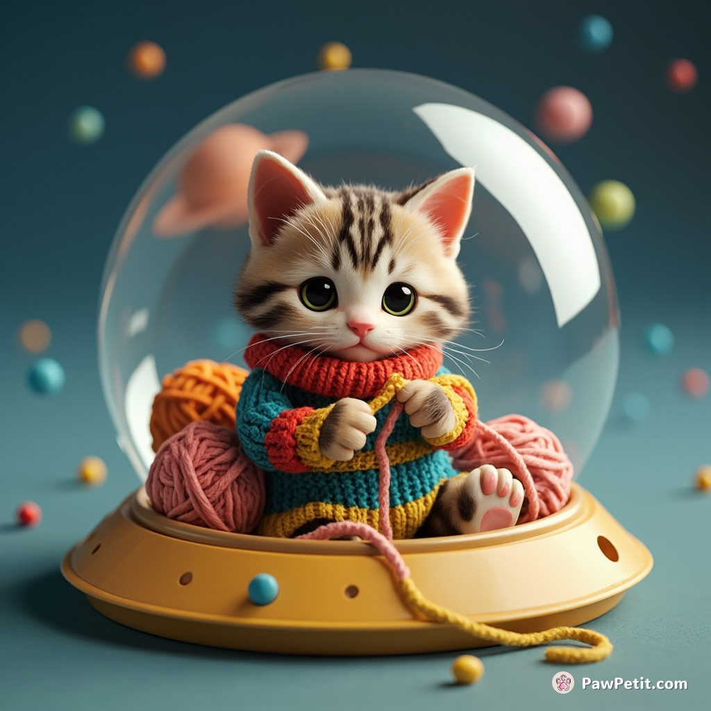 A tabby cat knitting a multicolor sweater with yarn balls that look like tiny planets within a floating bubble spaceship.