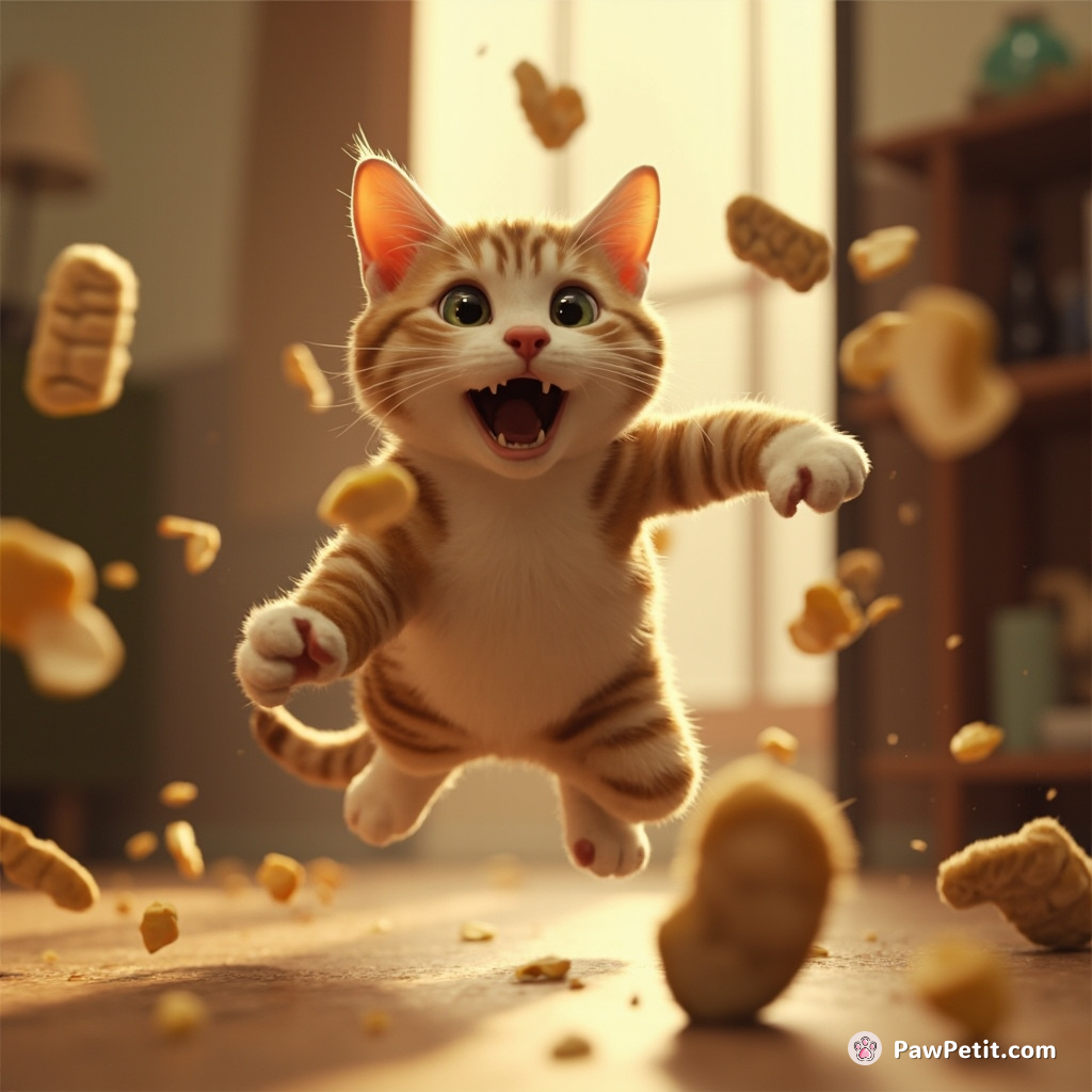 Cat darts frantically, claws outstretched, dodging human feet in a chaotic dance of escape.