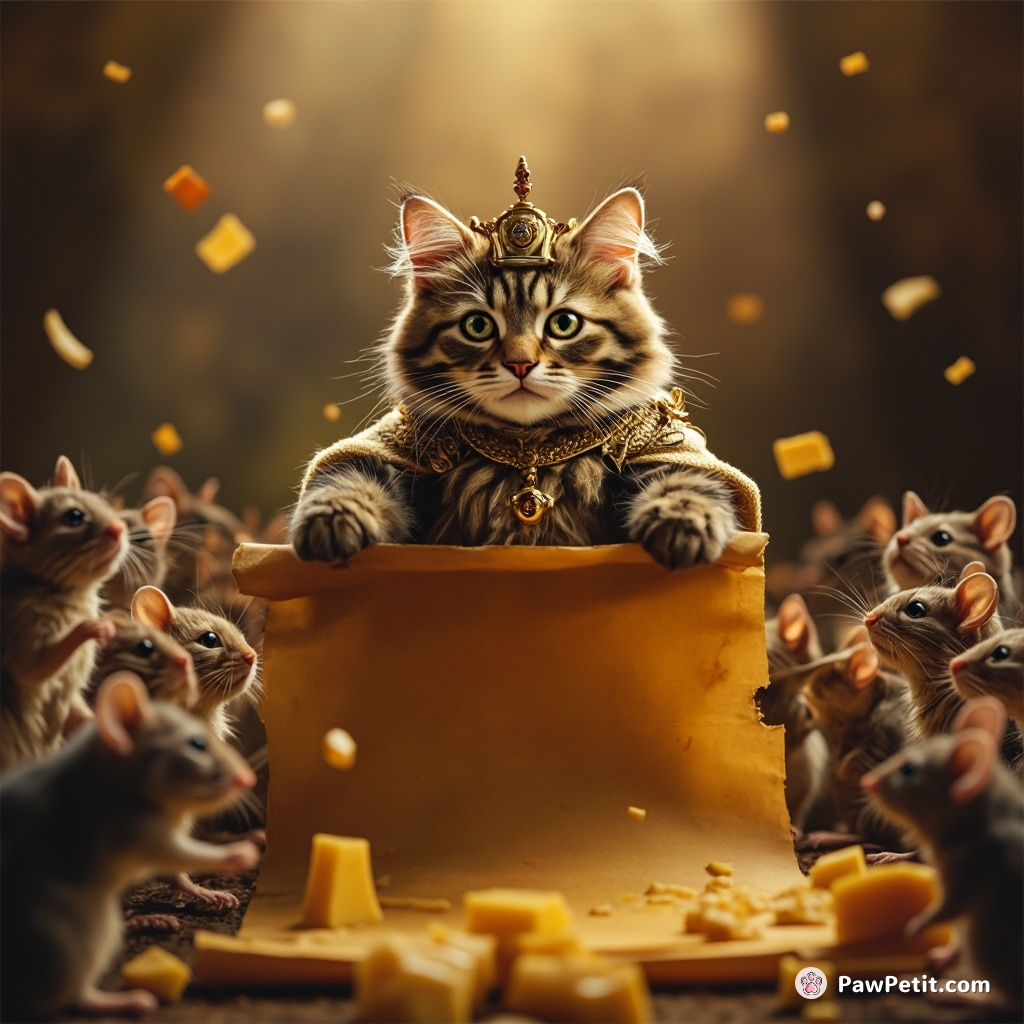Cat monarchically declares war on mice, unfurls scroll with paw, and rallies feline army for cheese conquest.