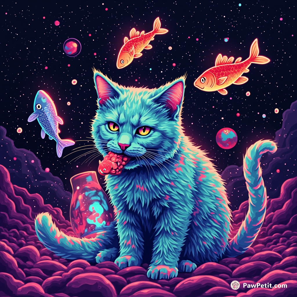A psychedelic blue cat, half-phasing through a lava lamp, gobbling up inter-dimensional fish while floating in outer space.
