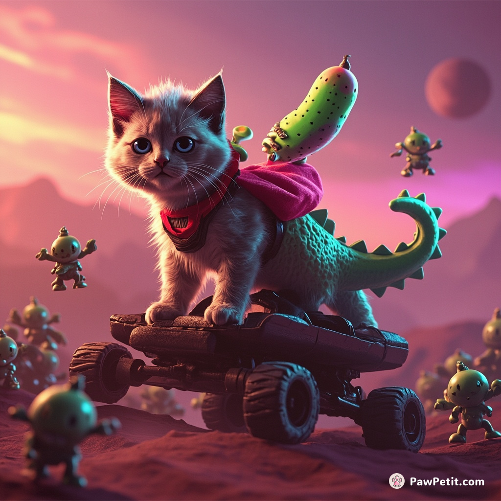 A kitten-sized dragon-cat battling a horde of cucumber-shaped aliens atop Mars rovers under Martian twilight.