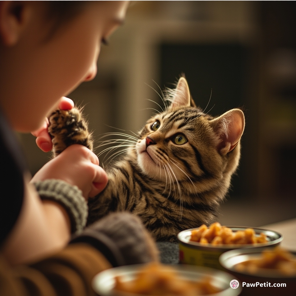 Cat tirelessly nudges human with paw, believing loaded affection will trigger the release of waves of canned tuna.