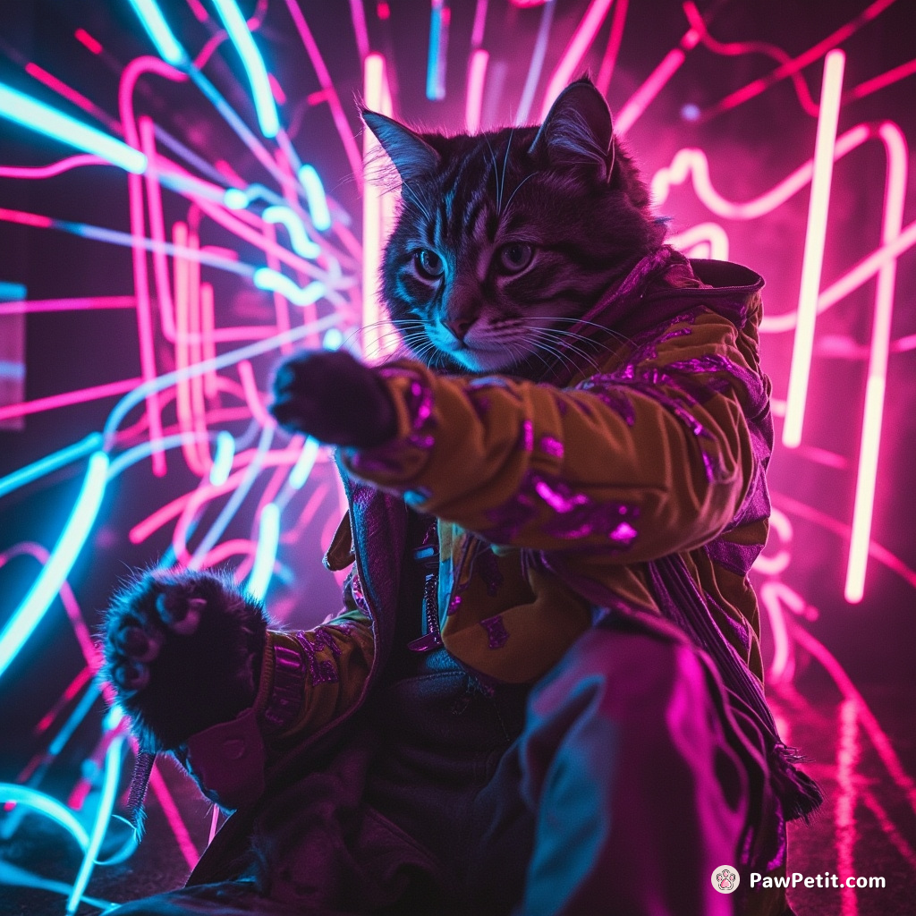 Neon-coated cat Pierce masterfully manipulates interdimensional time-weaver to rescue humans, threads sizzling under swift paw-flicks.