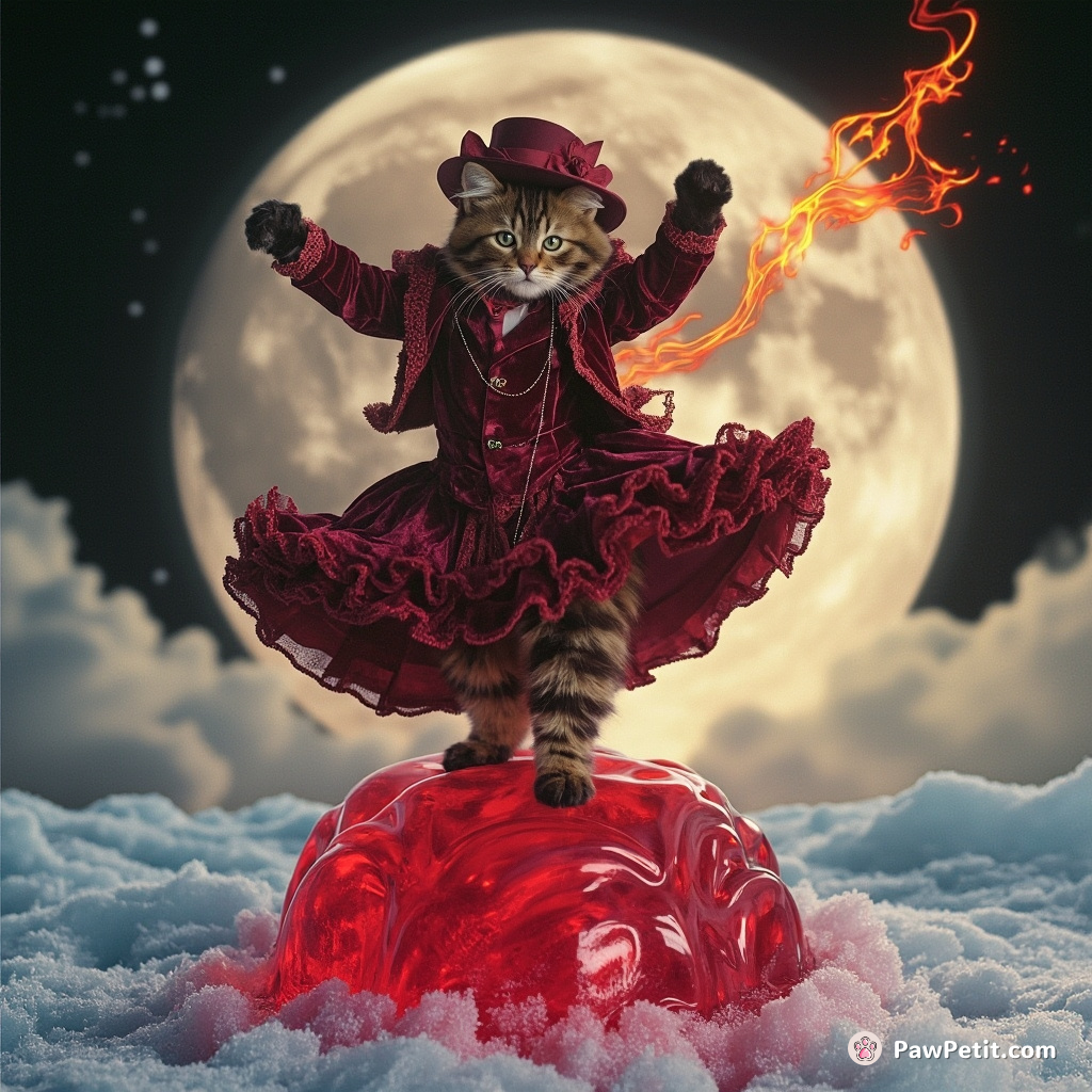 A velvet burgundy cat in Victorian attire performing a fiery flamenco dance atop a giant wobbling raspberry jelly on an ice-covered moon.