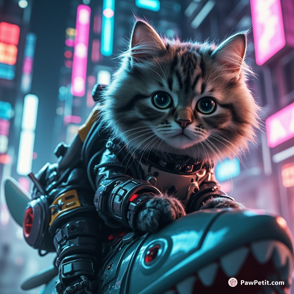 Cybernetic cat defending a neon-lit futuristic city riding on a bio-engineered laser-shark against alien invaders.