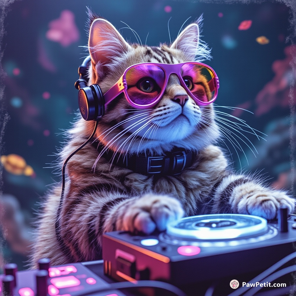Neon cybernetic cat DJing at an underwater disco party in space.